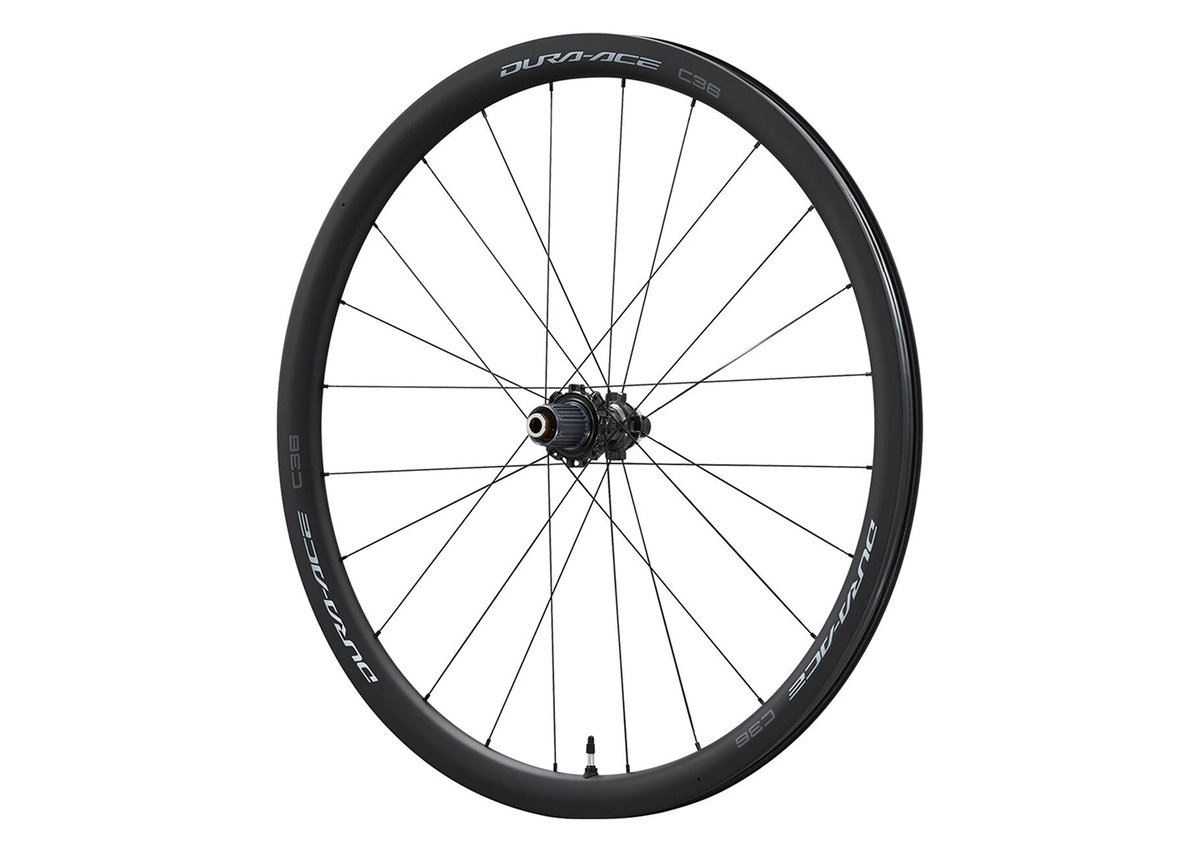 A Shiano Dura-Ace WH-R9270 C36 carbon road tubeless wheelset.