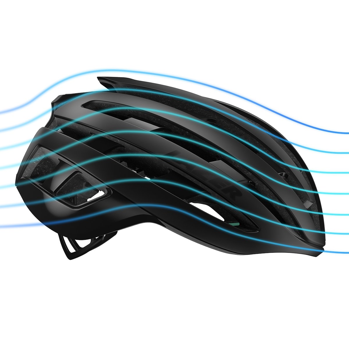 An illustration of a helmet with sleek lines depicting smooth airflow.