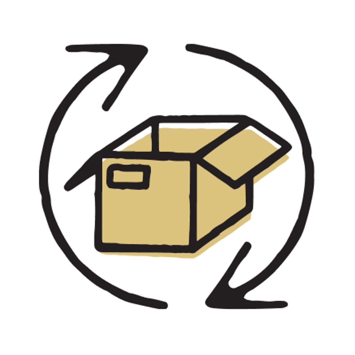 Illustrated open cardboard box encircled by two curved arrows.