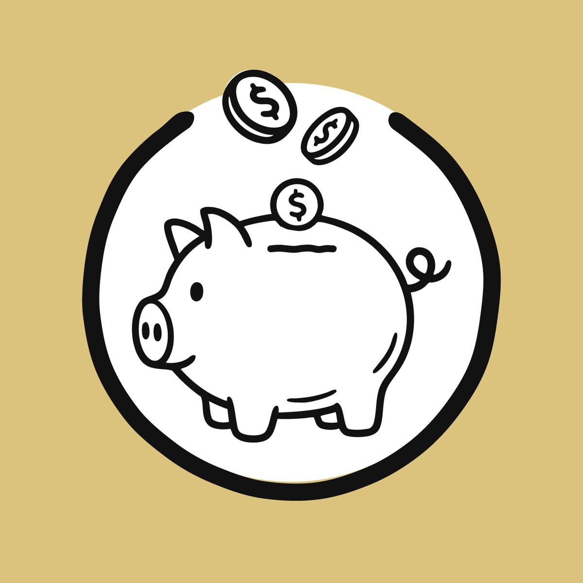 Icon of a piggy bank with coins dropping into it.