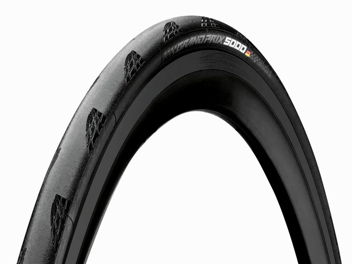 Continental Grand Prix 5000 clincher road tire in all-black with diamond tread pattern, isolated on white background.
