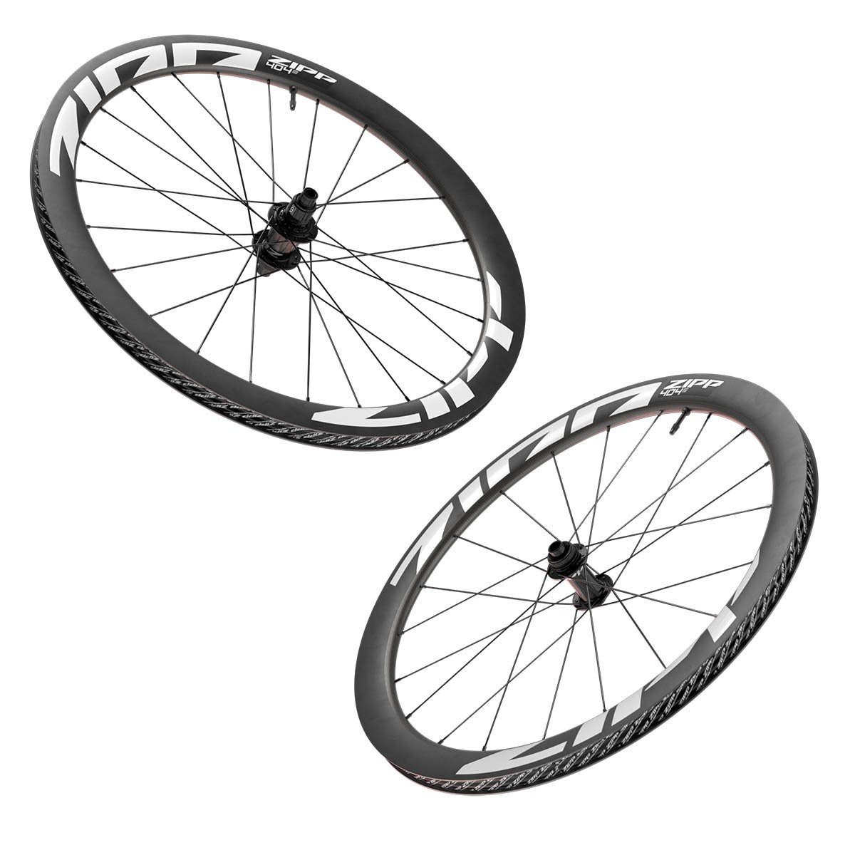 Zipp 404 front and rear carbon wheelset pair shown at an angle against a white background.