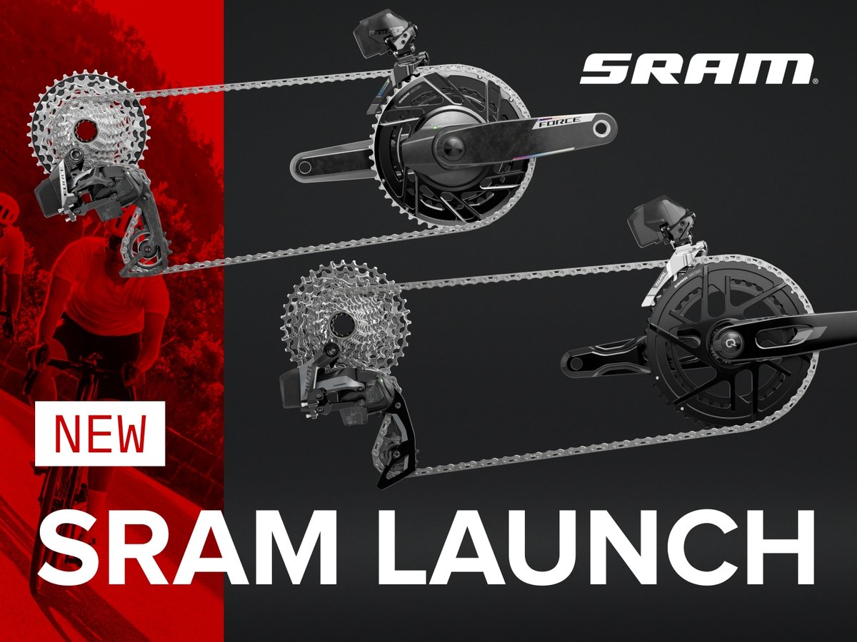 Two MTB drive trains. The Sram logo hovers in the top right corner, and text reads “NEW SRAM LAUNCH.”