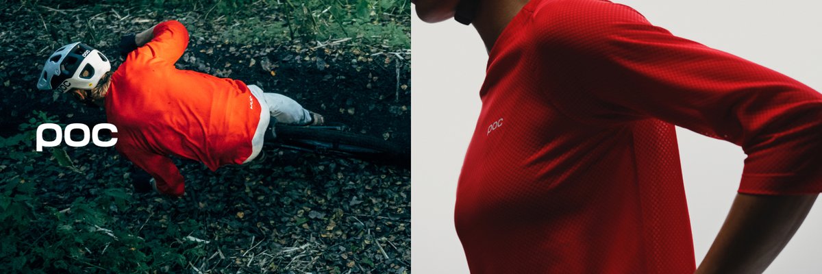 Mountain biker cornering hard on a dirt trail wearing a POC helmet and jersey alongside a close-up of a cyclist in a red POC short-sleeve jersey.