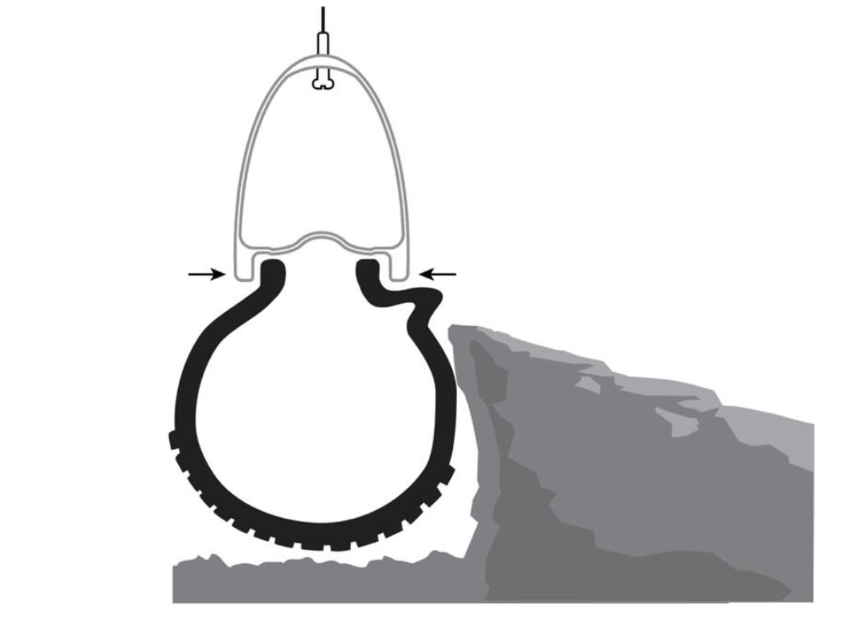 Diagram showing a cross-section of a wide hookless bead rim and tire interface with arrows indicating inward bead compression.