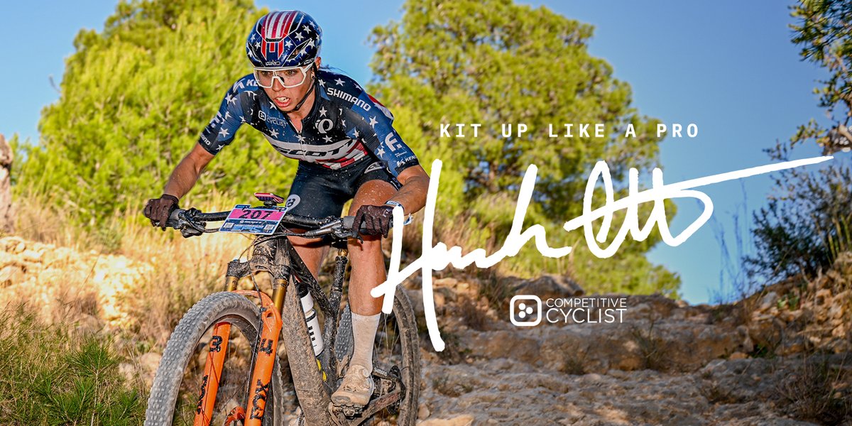 Hannah Otto on a mud splattered mountain bike wearing a stars and stripes themed jersey and helmet. Text reads “Kit up like Hannah Otto” above Hannah’s signature.