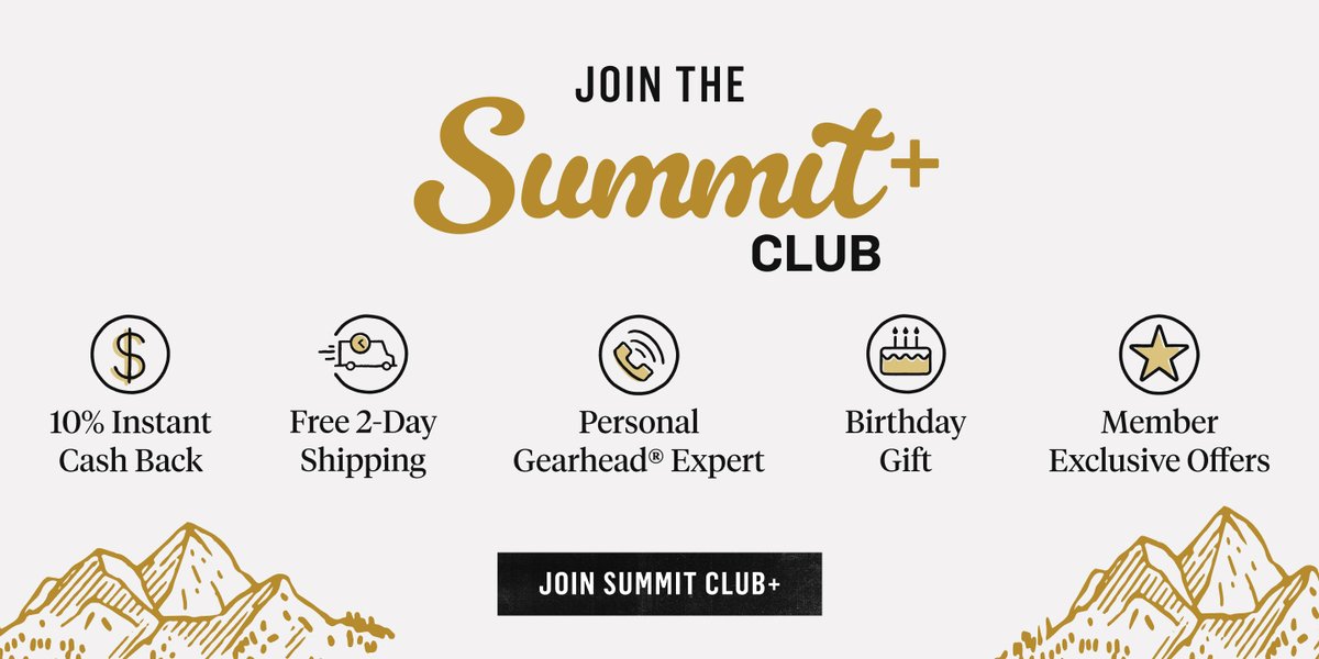 A banner promoting the Summit Club+ in beige and gold. Several benefits are listed with icons. 10% instant cash back, free 2-day shipping, personal Gearhead Expert, birthday gift, member exclusives.
